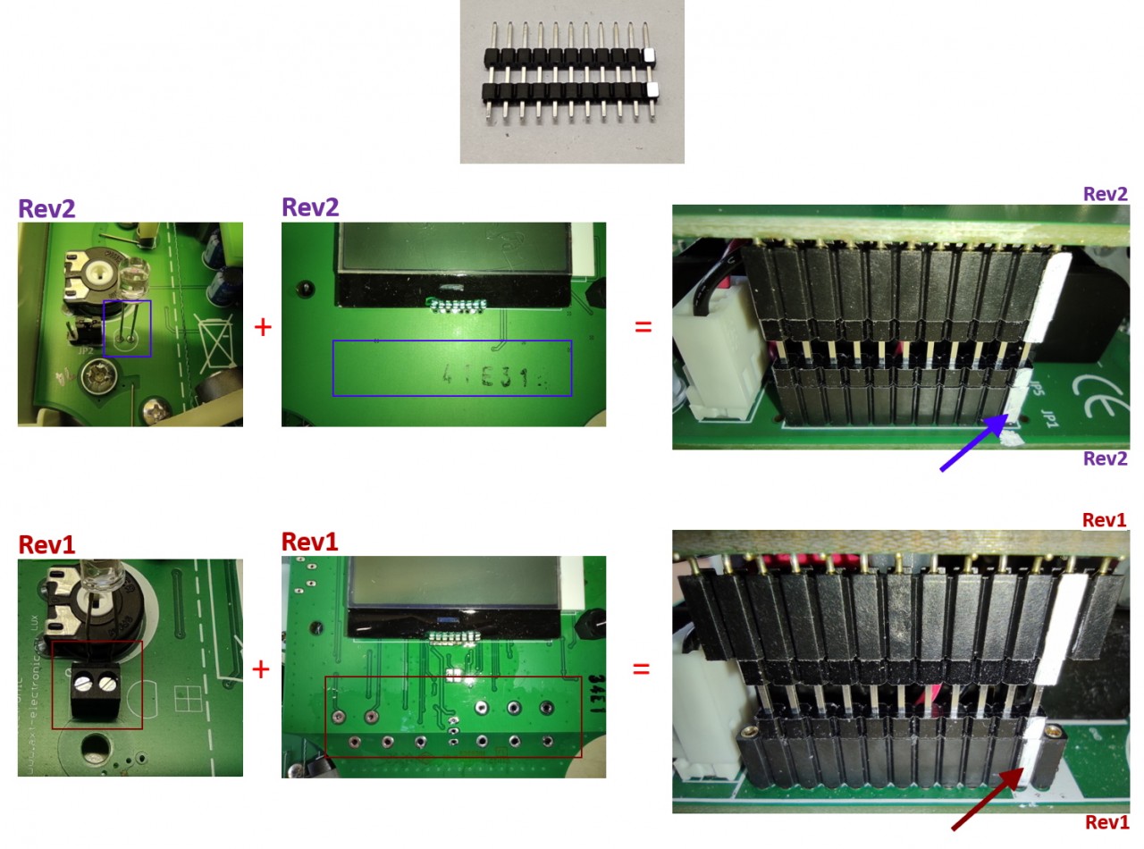 Vergleich zweier Leiterplatten-Revisionen: Rev2 (oben) und Rev1 (unten). Rev2 mit schwarzen Stiftleisten, Lichtsensor, Stiftleistenlöchern und Steckerblock mit langem weißem Abschluss. Rev1 mit Schraubklemme, Lötpads und kürzerem Abschluss.
