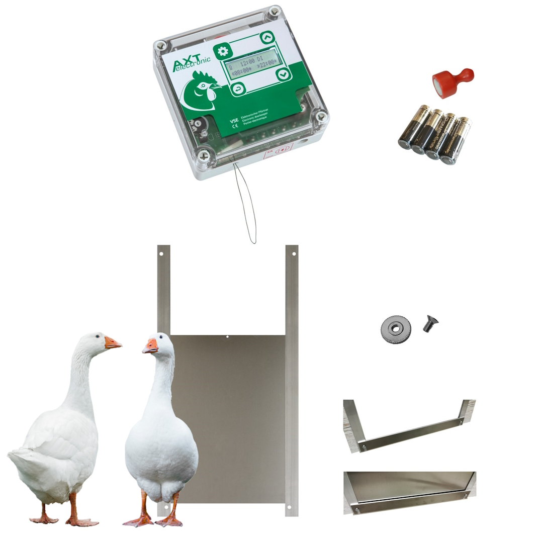 Komplettset für automatische Hühner- und Gänseklappe VSE. Oben: elektronische Steuereinheit mit Display, vier AA-Batterien und roter Magnet. Unten: zwei weiße Gänse vor großer, silberner Tür mit Führungsschienen. Montagematerial.