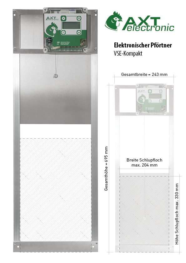 Montiertes Set für automatische Hühnerklappe: elektronischer Pförtner VSE-Kompakt oben und teils geöffneter Metallschieber unten. Rechts stehen detaillierte Maßangaben zu Gesamtgröße und maximalem Schlupfloch.