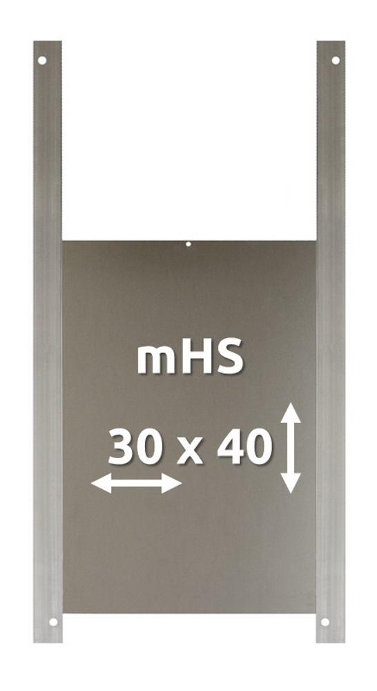 Rechteckiger Aluminium-Schieber für eine Entenklappe, mittig zwischen zwei vertikalen Schienen geführt. Aufdruck in Weiß: „mHS“ sowie Maße „30 x 40“ mit Pfeilen für Breite/Höhe. Schienen oben und unten mit Bohrung zur Befestigung.