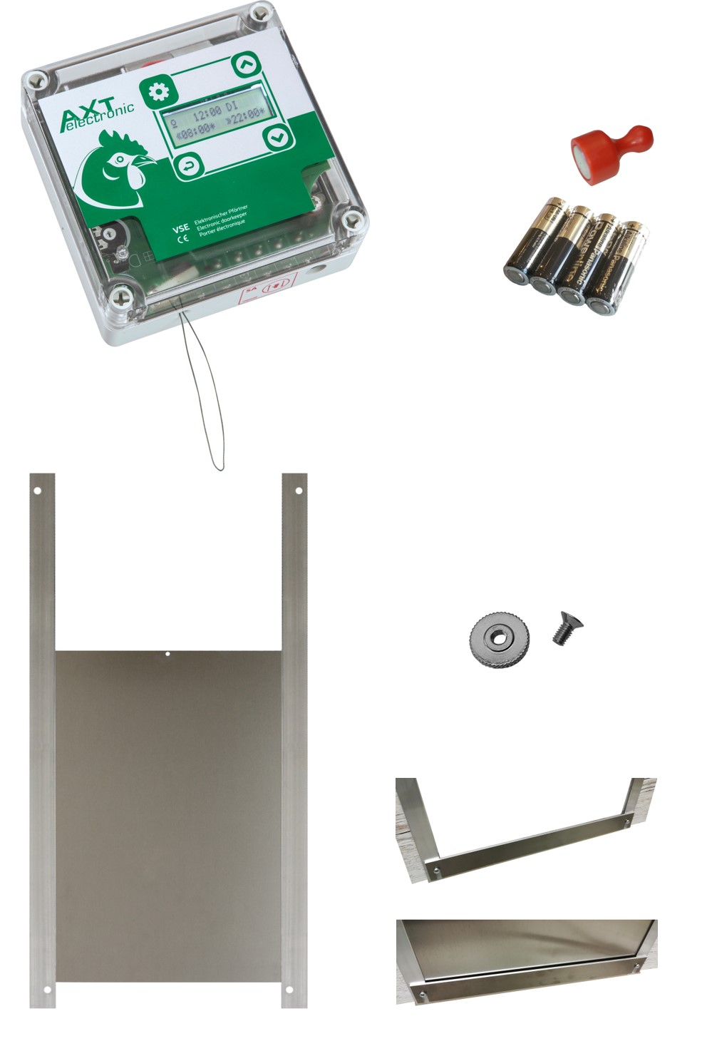 Komplettset für automatische Hühnerklappe VSE: Transparentes Steuergerät mit Zeitschaltuhr, 4 Batterien und roter Magnet neben silberner Hühnertür (22x33) mit Führungsschienen. Alle Teile zur Installation sichtbar.