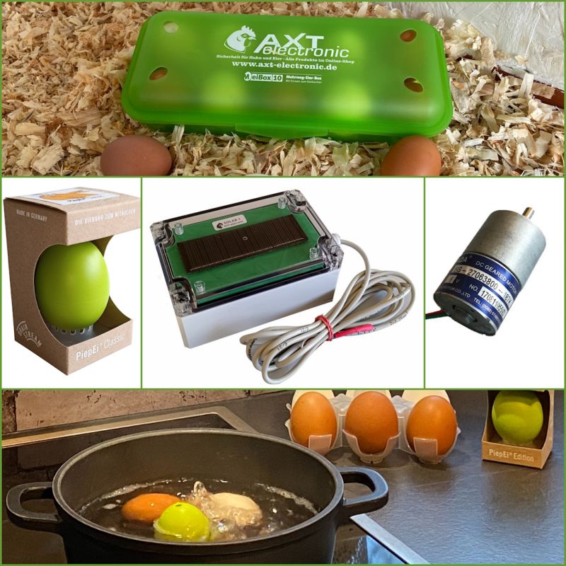 Collageartiges Bild mit Elektronikprodukten: Grüne Eierbox auf Holzspänen mit Eiern, verpackter PiepEi® Eierkocher, Elektronikgehäuse mit Solarmodul und kleiner DC-Motor. Unten kochen Eier und zwei PiepEi® im Topf.