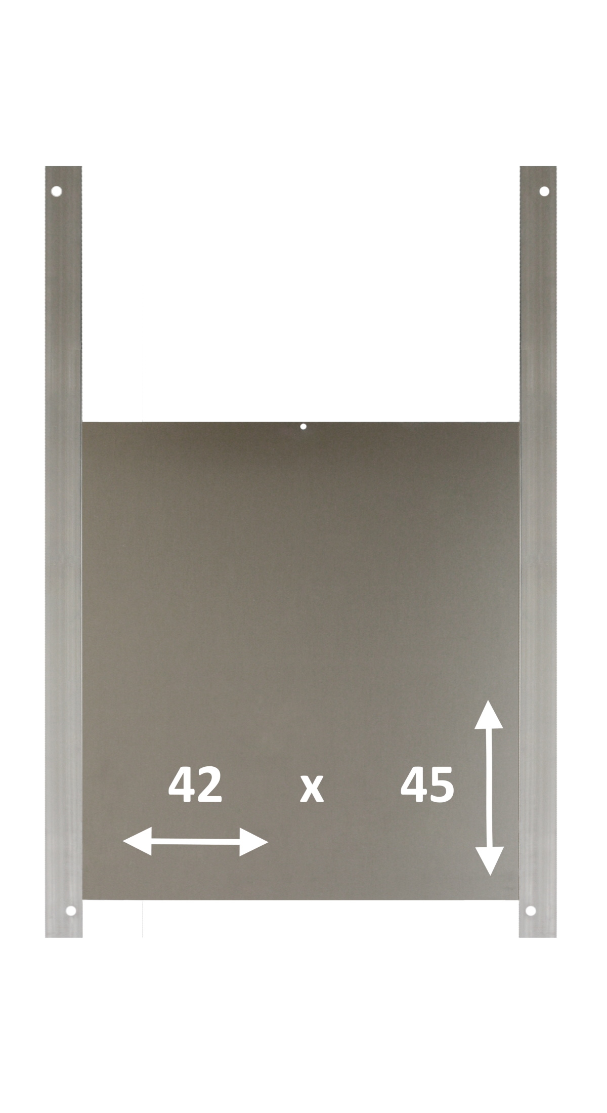 Vertikaler, dunkelgrauer Aluminium-Hühnerhausschieber (42x45 cm) zwischen zwei schmalen Aluminium-Führungsschienen. Schienen mit Befestigungsbohrungen oben und unten. Aufdruck „42 x 45“ in Weiß mit Pfeilen; kleine Bohrung oben mittig.