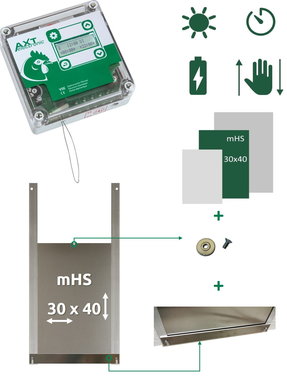 Automatische Hühnerklappe VSE Set. Gezeigt wird der elektronische Pförtner VSE mit Display, Hühnerlogo, Icons für Dämmerung, Zeitschaltuhr, Batterien, manuelle Steuerung. Silbertür (Schieber) 30x40 cm mit Führungsschienen.