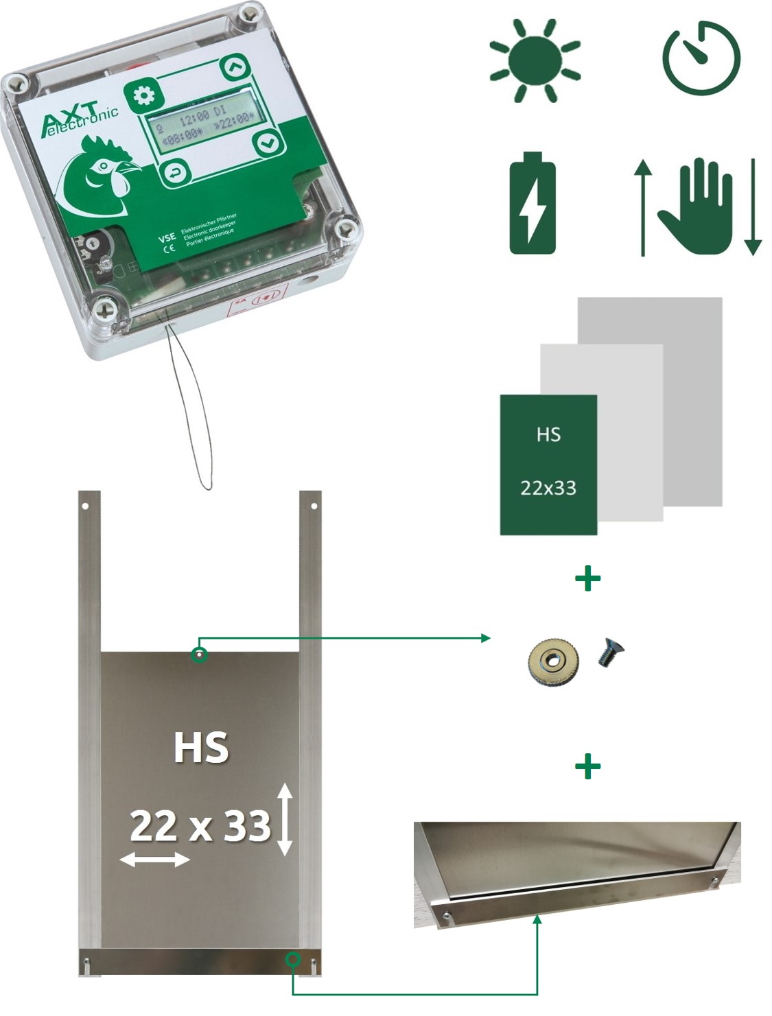 Komplettset für Hühnerklappe VSE. Transparentes Steuergerät mit Display und Huhn-Logo. Symbole für Dämmerung, Zeit, Batterie, manuell. Silberne Hühnertür HS (22x33 cm) aus Alu mit Schienen und Montageteilen.