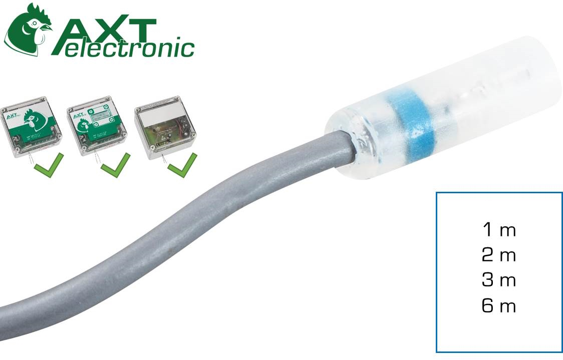 Transparenter ASb Außenlichtsensor, länglich mit hellblauem Band und grauem Kabel. Für die Dämmerungsfunktion elektronischer Pförtner. Kompatible Steuereinheiten (VSC, VSD, VSE) markiert. Kabellängen 1–6 m.