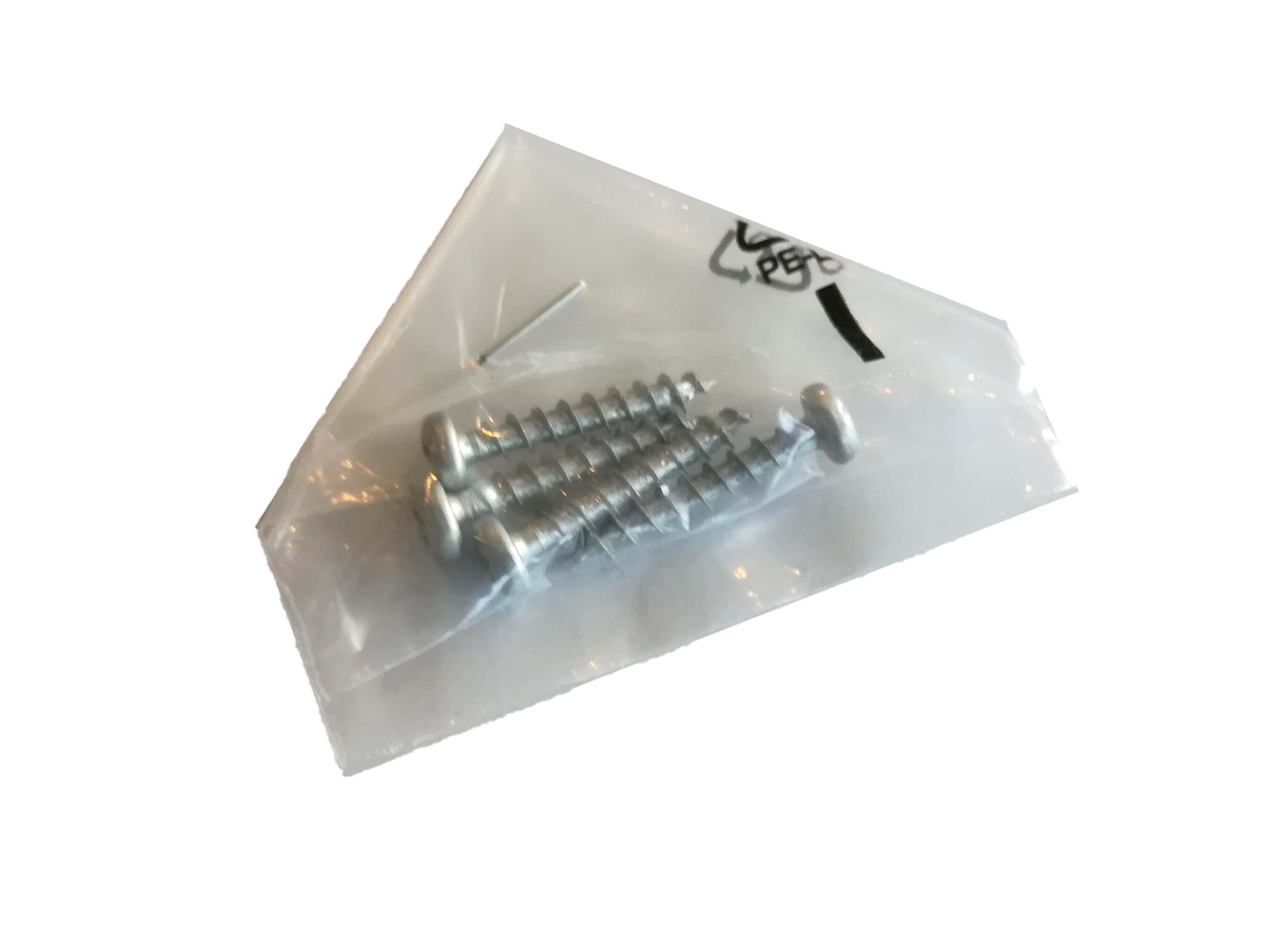 Vier silberne M4x25 Holzschrauben mit abgerundeten Köpfen und grobem Gewinde, einzeln verpackt in einem kleinen, durchsichtigen Plastikbeutel. Diese Befestigungsschrauben eignen sich zur Montage von Schiebern oder Geräten.