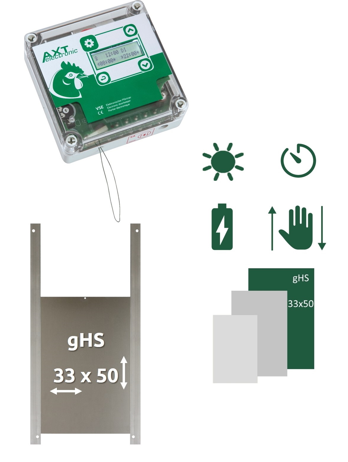 Komplettes Set für automatische Hühnerklappe: transparentes VSE Steuergerät mit Display und AXT Logo, Metallschieber für Gänse (33x50 cm) sowie Symbole für Dämmerungs-, Zeit-, manuelle Steuerung und Batteriebetrieb.