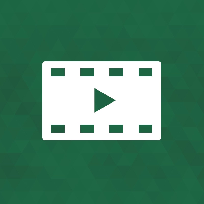 Weißes Filmsymbol auf dunkelgrünem, gemustertem Hintergrund: Filmrolle mit perforierten Rändern und zentralem Wiedergabesymbol nach rechts. Steht für Videostreams, Filme oder Multimedia-Inhalte und eine Abspielfunktion.