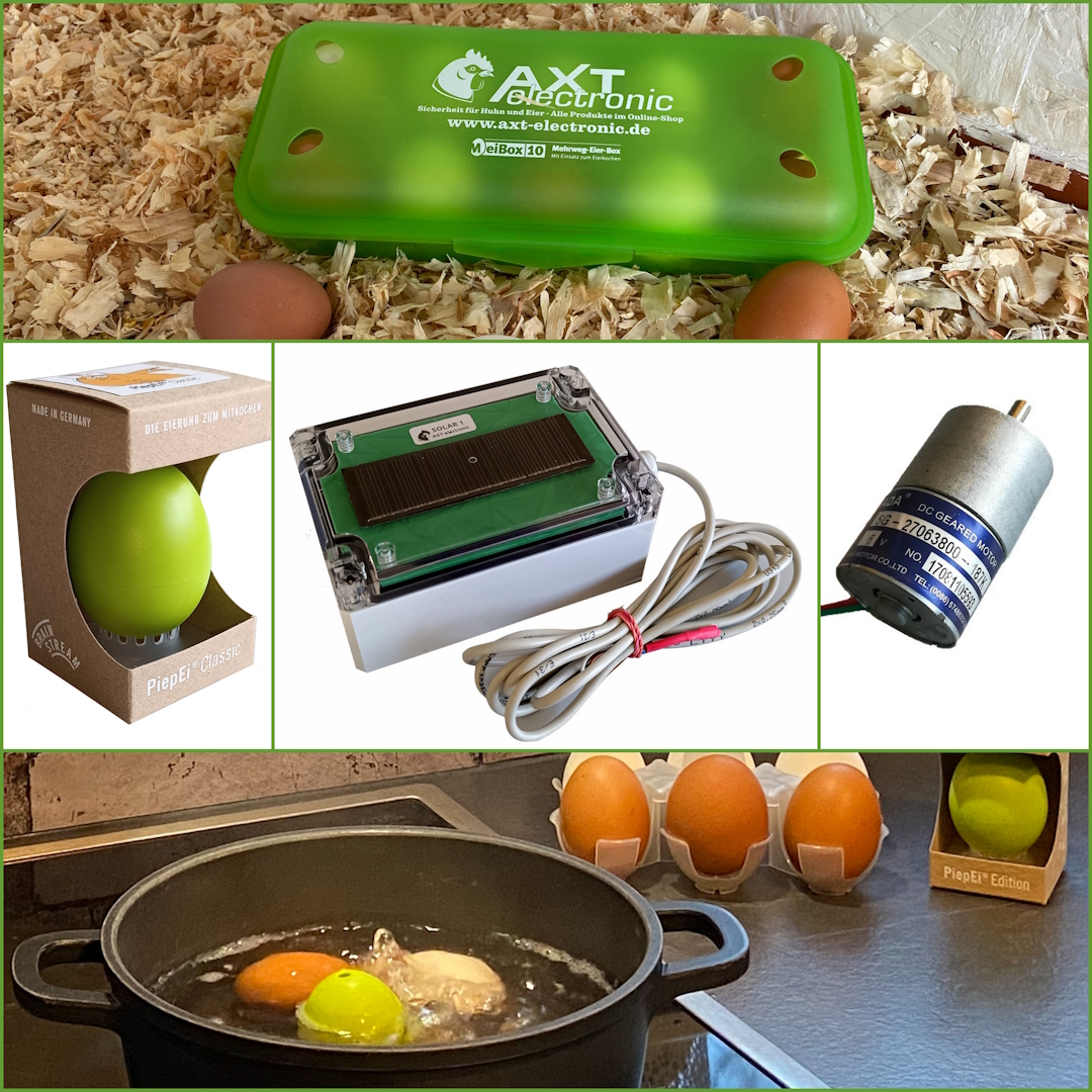 Collage mit Produkten: grüne AXT electronic Eierbox auf Holzspänen mit braunen Eiern, grüner PiepEi® Classic Eierkocher in Verpackung, Platine mit Solarpanel und Kabel, kleiner Gleichstrommotor sowie PiepEier® und Eier im kochenden Wasser.