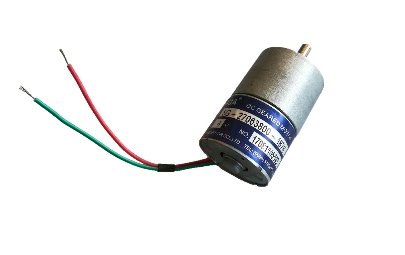 Kleiner zylindrischer Ersatzmotor mit silbernem Gehäuse und blauem Etikett „DC GEARED MOTOR“, Modell SG-27063800. Zwei Kabel (rot/grün) mit abisolierten Enden. Für Elektronische Pförtner VSB, VSD, VSE.