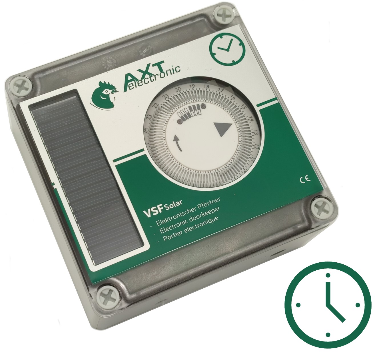 Transparente Steuereinheit für automatische Hühnerklappe. Links integrierte Solarzelle, mittig analoge Zeitschaltuhr mit Stundenmarkierungen zur Programmierung von Öffnungs- und Schließzeiten. Steuert Klappe solar- und zeitgesteuert.