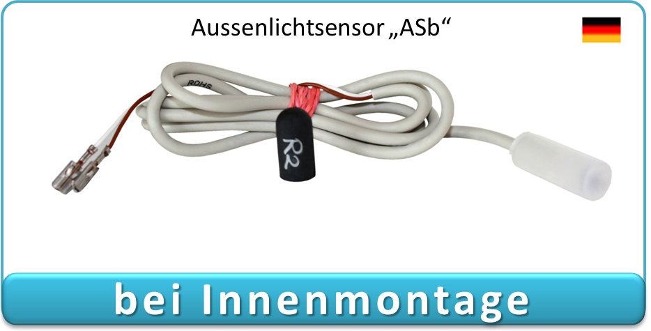 ASb Außenlichtsensor: Graues Kabel mit transparentem Sensorkopf, Anschlussadern und Steckern, sowie schwarzem 'R2' Modul. Misst externes Licht für elektronische Pförtner zur Dämmerungsfunktion bei Innenmontage.