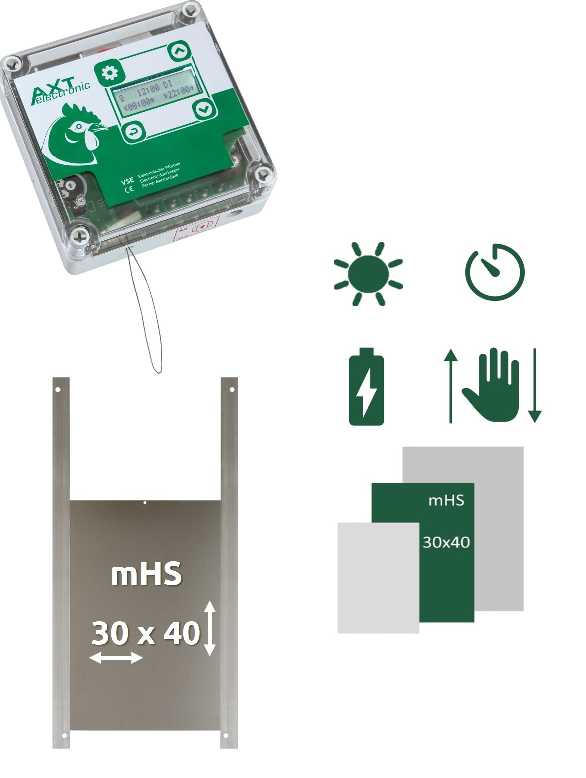 Set für automatische Hühnerklappen: transparenter VSE Elektronik-Pförtner mit Display und Huhn-Logo sowie silberne Entenklappe (mHS) 30x40 cm. Dazu Symbole für Dämmerung, Zeitschaltuhr, Batterien und manuelle Steuerung.