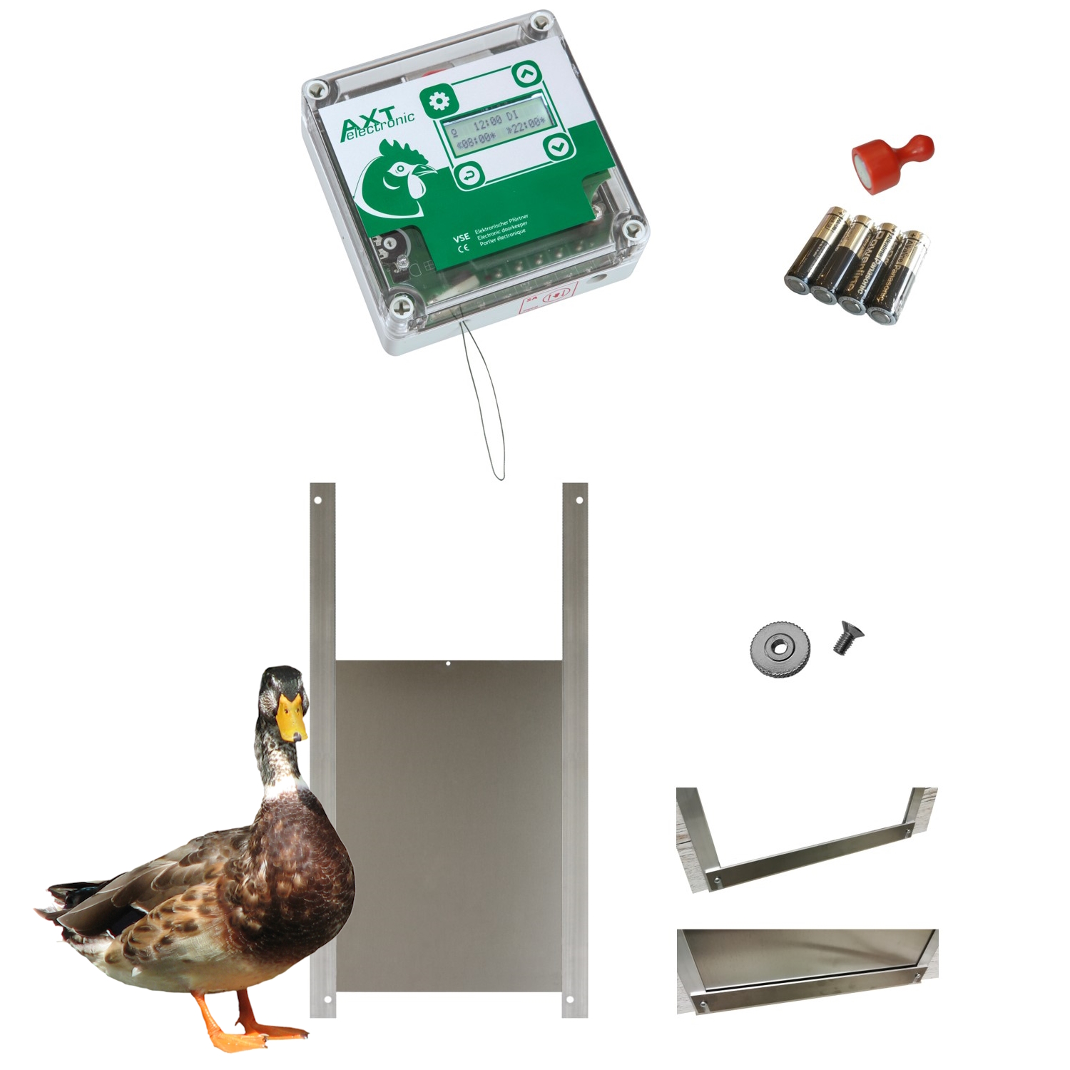 Komplettset für automatische Hühnerklappe VSE mit Display und integrierter Zeitschaltuhr. Daneben vier AA-Batterien und ein roter Magnet. Braune Ente vor silberner Ententür 30x40 mit Führungsschienen.