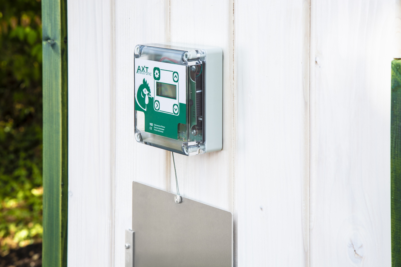 Elektronisches Steuergerät für automatische Hühnerklappe, an weißer Holzwand. Transparentes Gehäuse des VSE-Pförtners mit Display, grünen Tasten mit Hühner-Logo und Elektronik. Darunter silberne Metallklappe.
