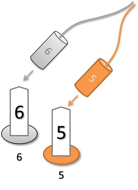 Schema zur Installation eines internen Ersatz-Lichtsensors. Zwei zylinderförmige Sensorteile, farblich und nummerisch (5/6) den Anschlussstiften zugeordnet, werden per Pfeilen auf Pins 5 und 6 geführt. Zeigt korrektes Aufstecken.