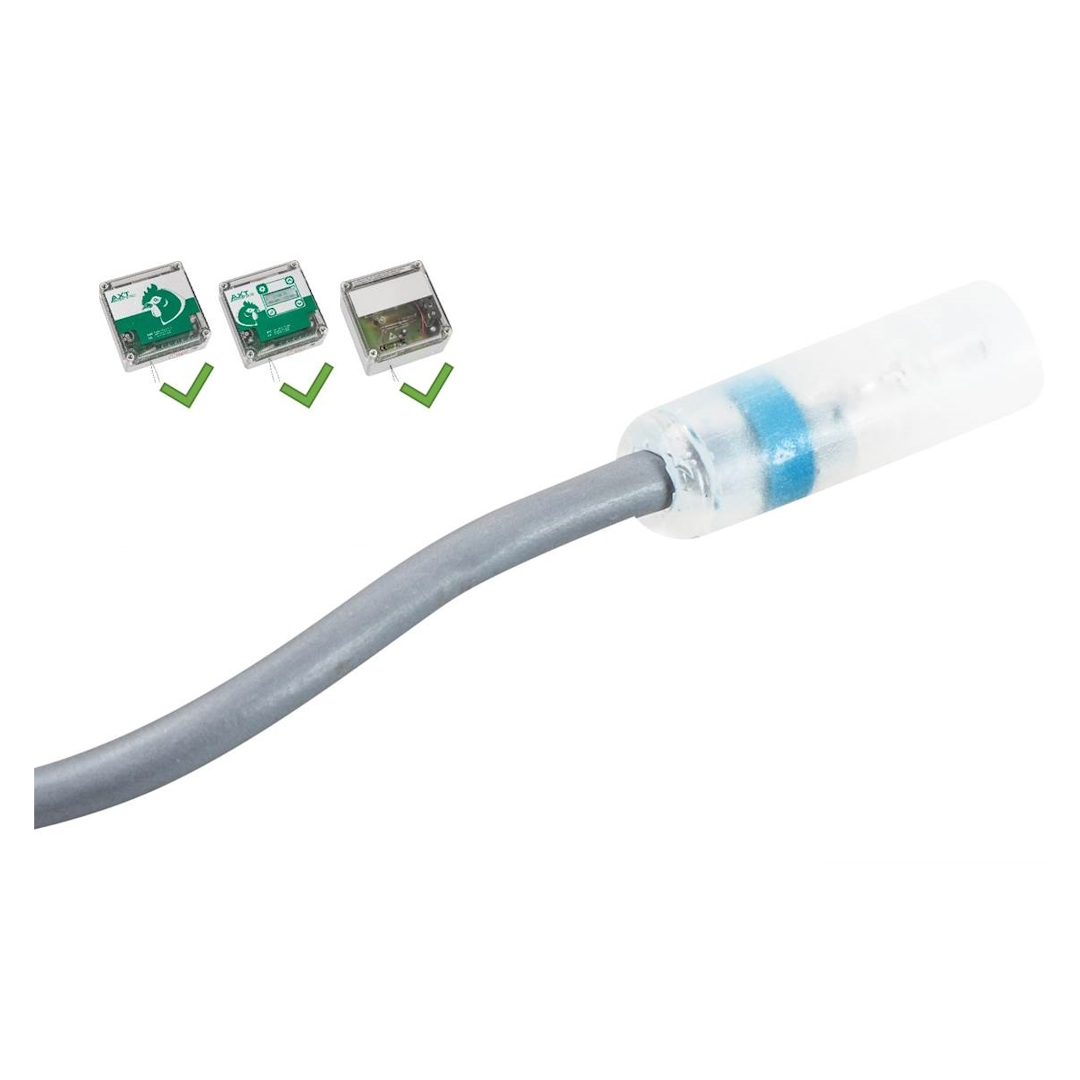 Graues Kabel führt zu transparentem zylindrischem Sensor mit blauem Ring auf weißem Hintergrund. Oben links drei kleine transparente Modulgehäuse mit grünen Leiterplatten und Hühnerlogo, jeweils mit grünem Haken darunter.