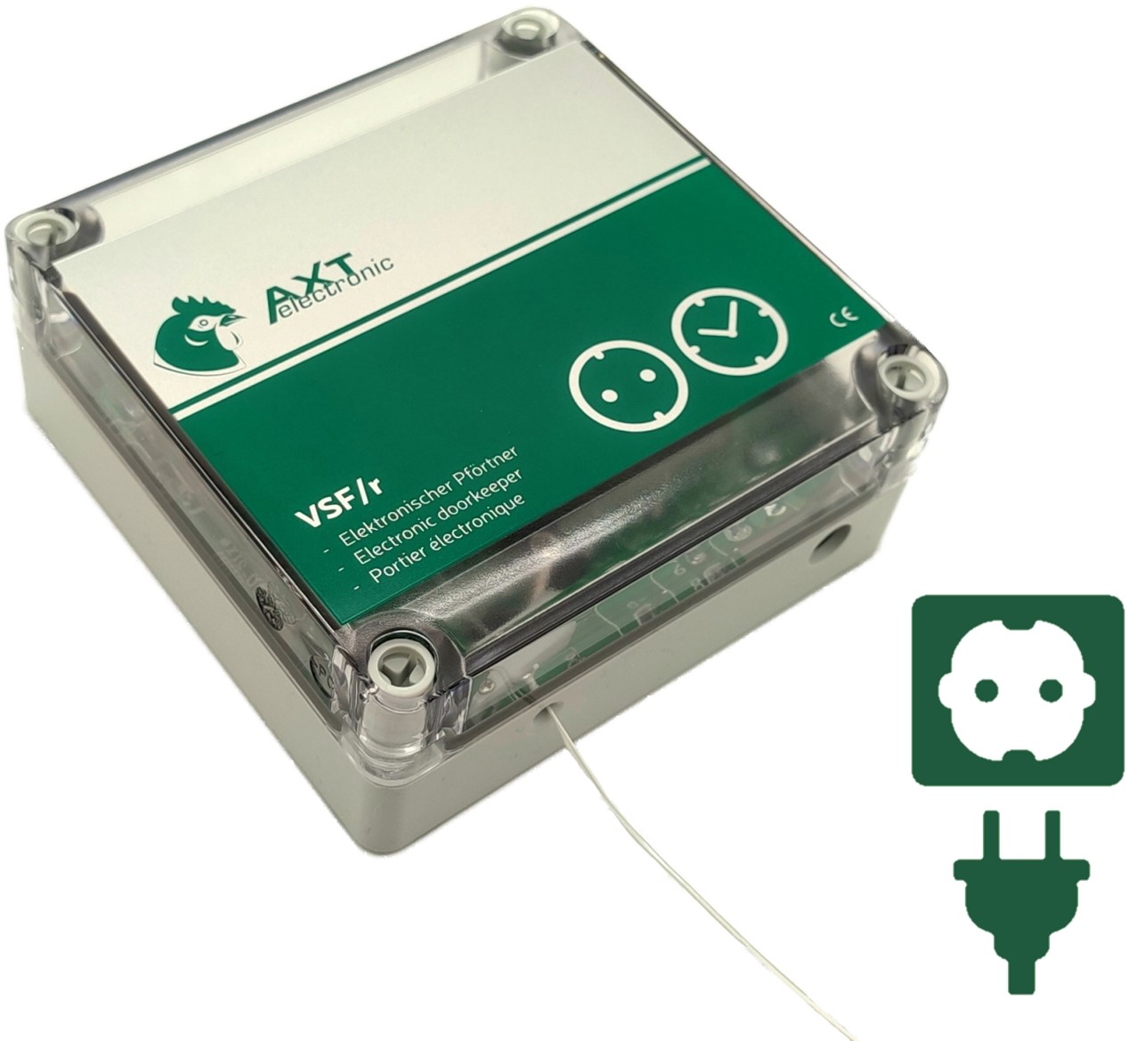 Automatische Hühnerklappensteuerung VSF/r von AXT electronic. Graues Steuergerät mit transparenter Abdeckung und grünem Etikett mit Huhn-, Steckdosen- und Uhrsymbolen. Sichtbares Kabel. Grafik zeigt Stecker in Steckdose zur Steuerung per Zeitschaltuhr.