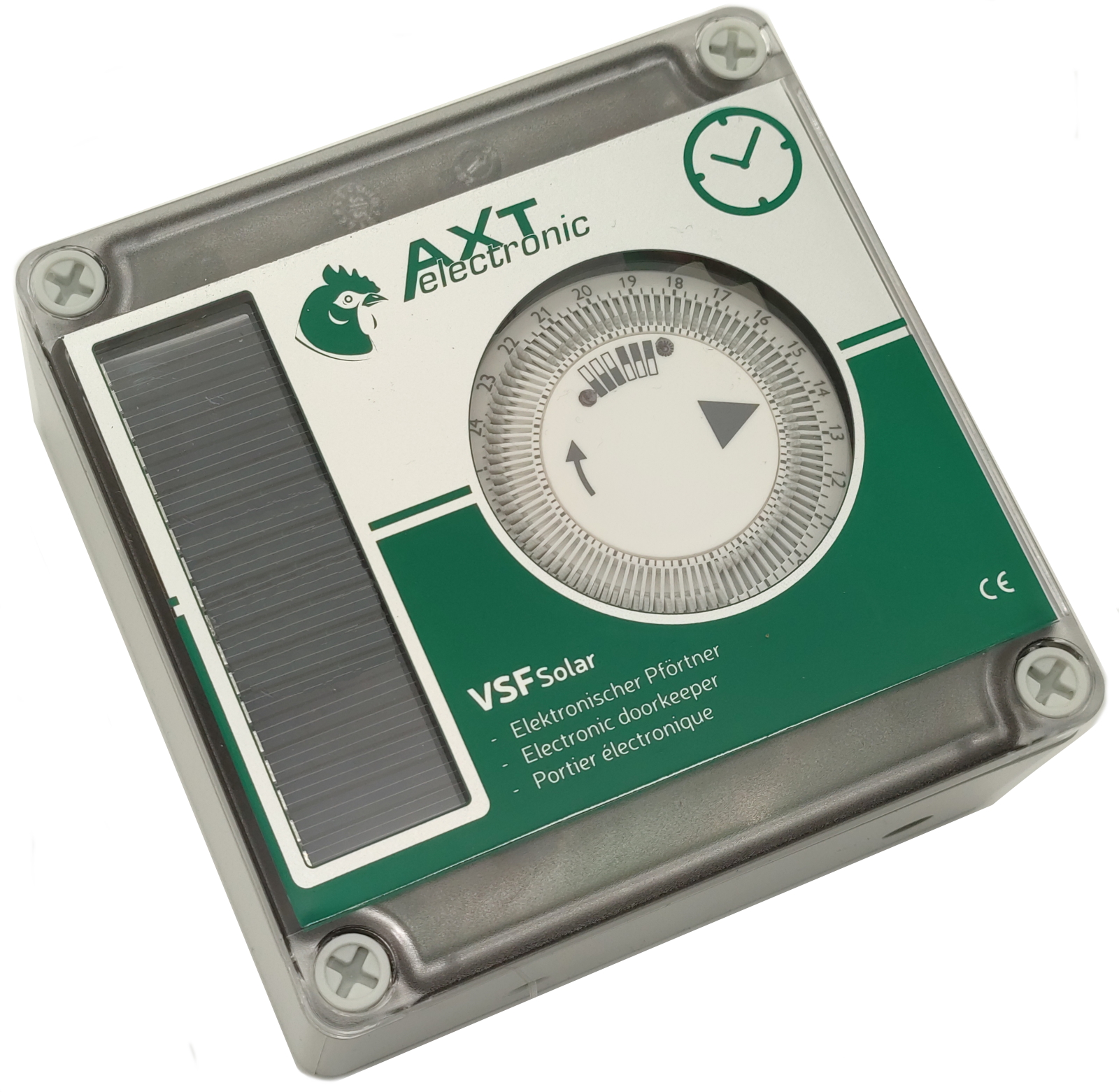 Rechteckiger, grauer Türöffner von AXT electronic mit Solarpanel links und runder Zeitschaltuhr (12–24) rechts. Weiße Front mit grünen Akzenten, Hühnerkopf-Logo und Aufschrift „VSFSolar - Elektronischer Pförtner“. Uhrensymbol oben rechts.
