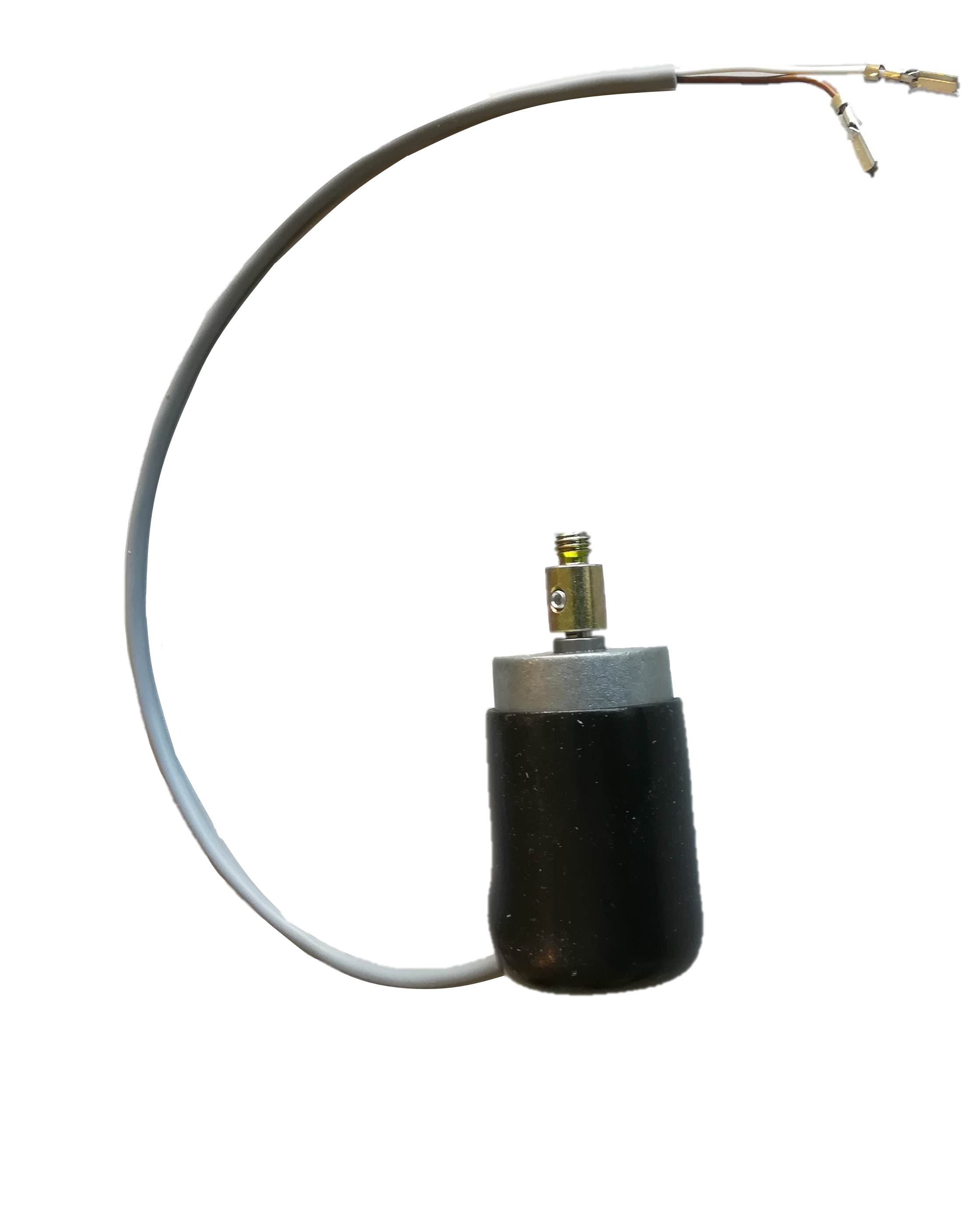 Kleiner zylindrischer Ersatzmotor in Schwarz, mit silberner Oberseite und goldener Gewindestange. Ein graues Anschlusskabel mit zwei blanken Litzen und vergoldeten Steckverbindern ragt aus der Unterseite des Motors. Ideal für Futterautomaten FA1 und FA2.