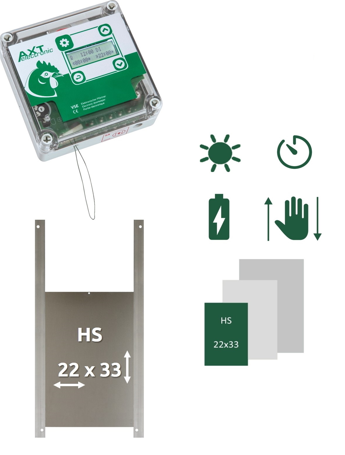 VSE-Steuereinheit im transparenten Gehäuse mit grünem Display zeigt Uhrzeit und Zeitsteuerung (08:00, 22:00). Darunter silberne Hühnerklappe (22x33 cm) mit Führungsschienen. Rechts Icons für Dämmerung, Timer, Batterie, manuell.