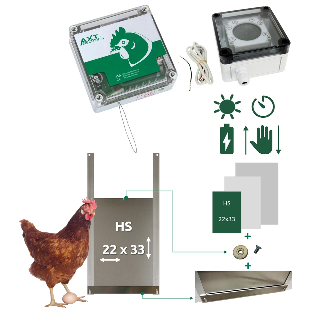 Automatisches Hühnerklappen-Set mit transparentem Elektronik-Pförtner VSD, digitaler Zeitschaltuhr und Hühnerhausschieber (22x33 cm) mit Schienen neben brauner Henne. Symbole: Dämmerung, Zeit, Batterie, manuell. Zubehör sichtbar.