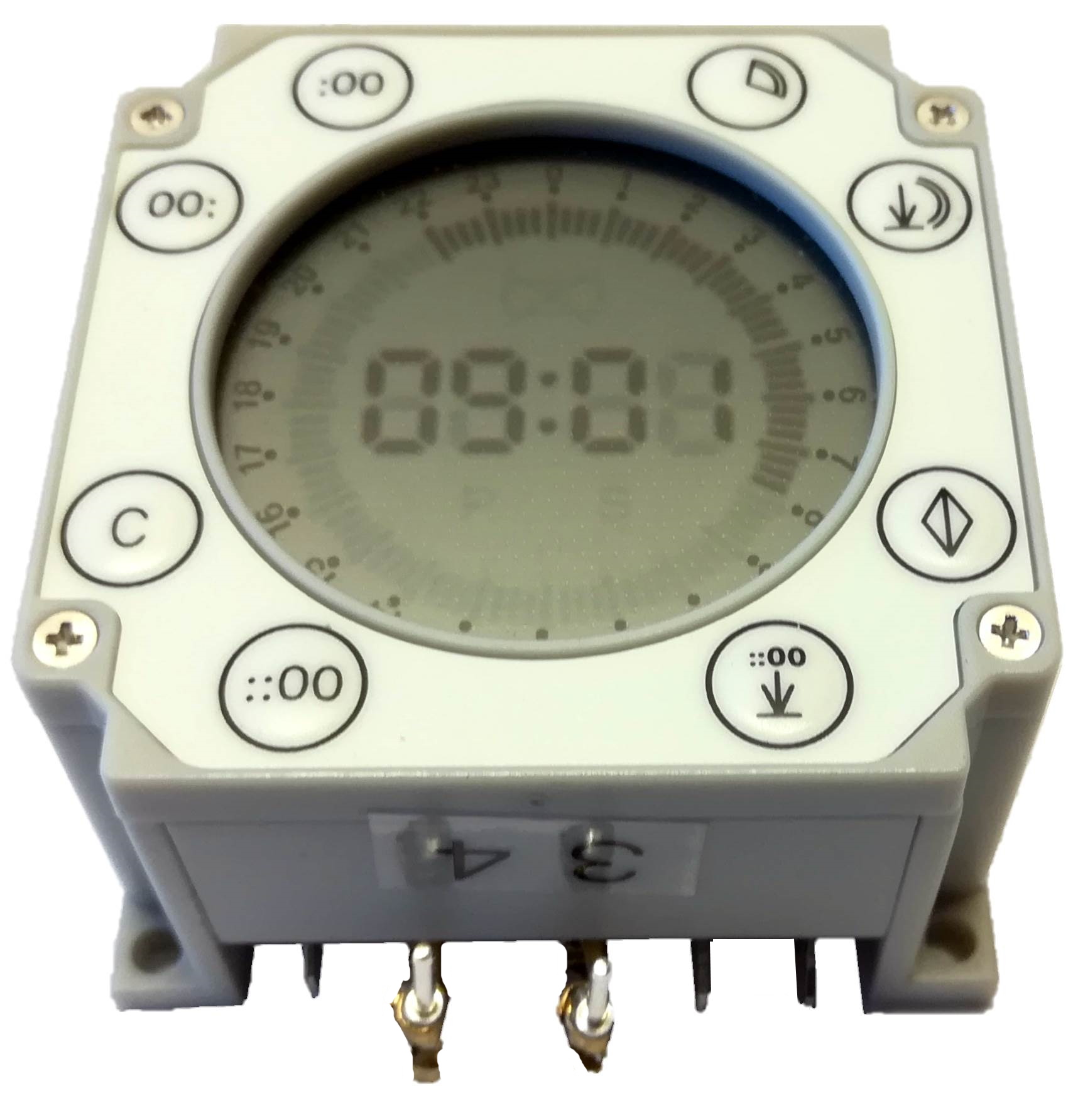 Digitale Batterie-Zeitschaltuhr BS-D ohne Gehäuse in Grau/Weiß mit rundem LCD (09:00). Um das Display Tasten/Symbole zur Zeit- und Funktionswahl inkl. Dämmerungsmodus. Unten 2 goldene Pins, Ecklöcher.