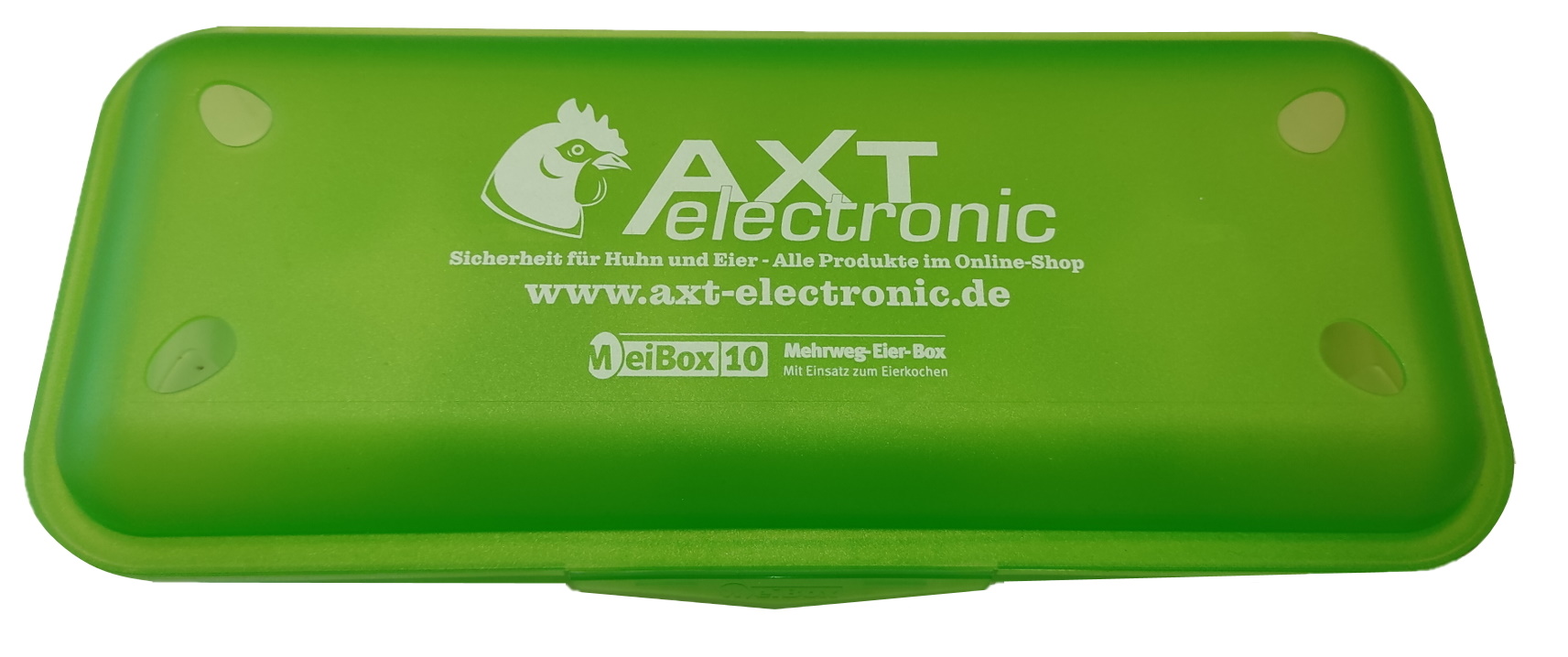 Grüne, transparente Mehrweg-Eier-Box MeiBox 10 für 10 Eier, von oben. Auf der Oberfläche das weiße AXT-electronic Logo mit Hühnerkopf und Slogan „Sicherheit für Huhn und Eier“. Darunter Website und „MeiBox 10“.