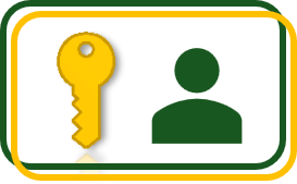Goldener Schlüssel links neben dunkelgrüner Personen-Silhouette (Kopf/Schultern) auf weißem Hintergrund in abgerundetem Rechteck mit grünem Innen- und gelbem Außenrand. Symbol für Zugang, Benutzer oder Sicherheit.
