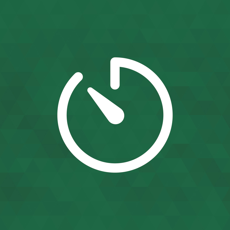 Weißes Timer-/Stoppuhr-Icon auf dunkelgrünem Hintergrund mit dezentem Dreieckmuster. Unvollständiger Kreis mit Zeiger auf ca. fünf Minuten. Pfeil oben rechts deutet Rücksetzen/Aktualisieren an, symbolisiert Zeit/Dauer.