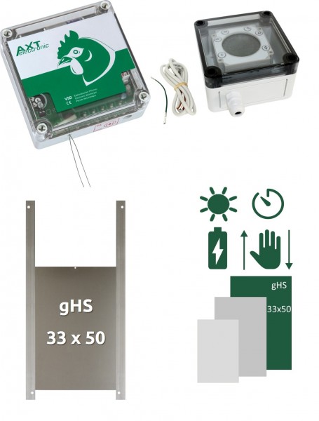 SET E - Automatische Hühnerklappe VSD mit Batterien, digit. Zeitschaltuhr, manuelle Steuerung, Gänse