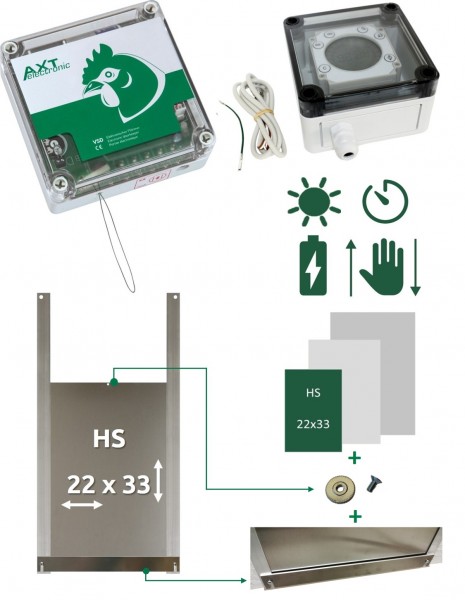 SET A - Automatische Hühnerklappe VSD mit Batterien, digit.Zeitschaltuhr, manuelle Steuerung, Hühner